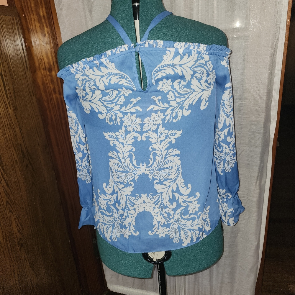 INC International Concepts Asymmetrical Off-the-Shoulder Blue and White Blouse
